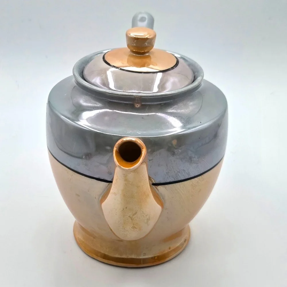 Japanese Lusterware Porcelain‎ Teapot Metallic Copper & Silver Gray Hand Painted